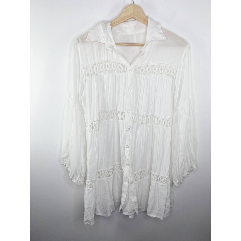 White Cotton Button Front Tunic Boho Lace Eyelet Dress One Size Long Sleeve OS